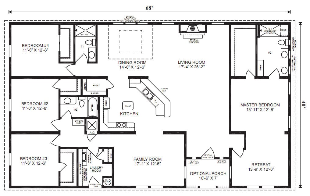 Sample 4-bedroom ranch-style floor plan